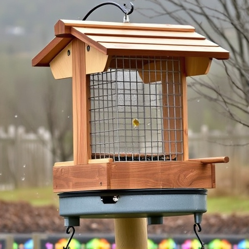 Ground-level feeder with wooden rain canopy