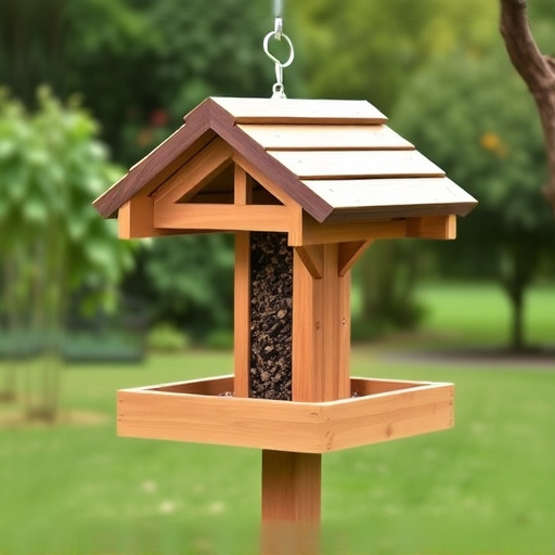 Ground-level feeder with wooden rain canopy