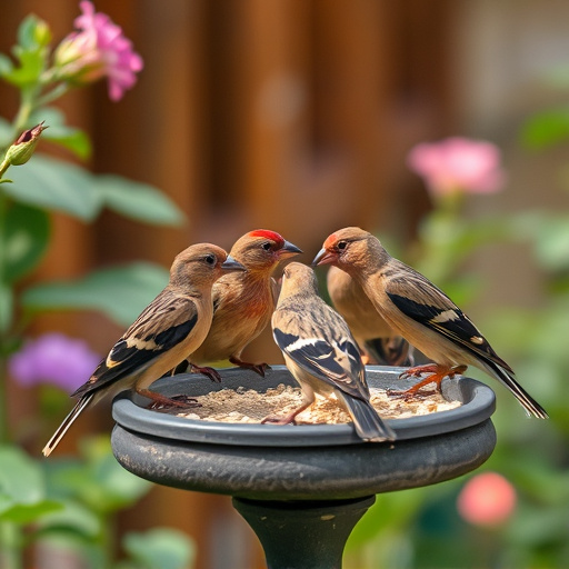 Group of finches feeding in garden