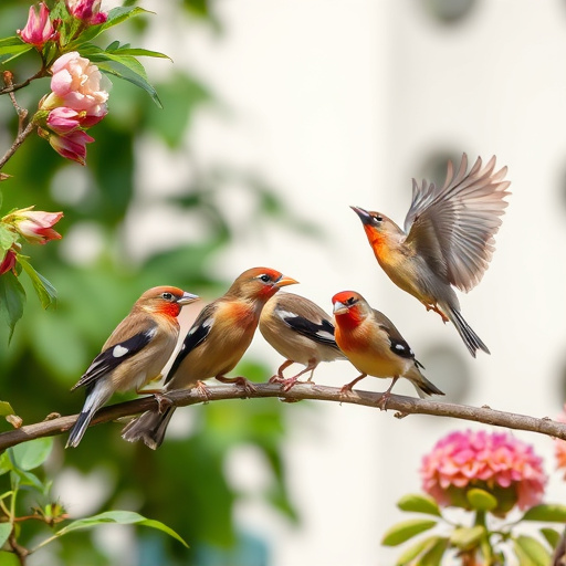 Group of finches feeding in garden