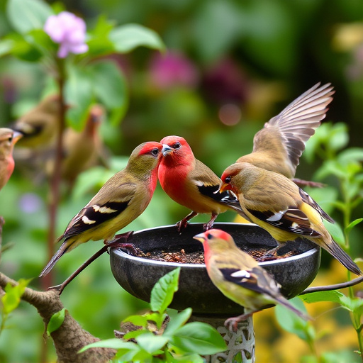 Group of finches feeding in garden
