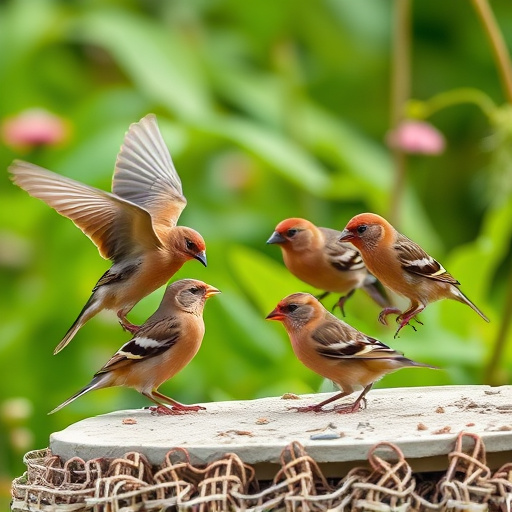 Group of finches feeding in garden