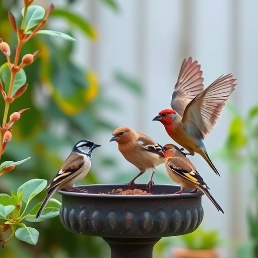 Group of finches feeding in garden