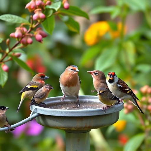 Group of finches feeding in garden