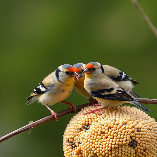 Group of finches feeding on nyjer seed