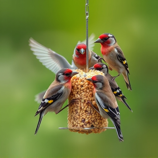 Group of finches feeding on nyjer seed