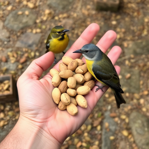 Hand holding fresh peanuts for birds
