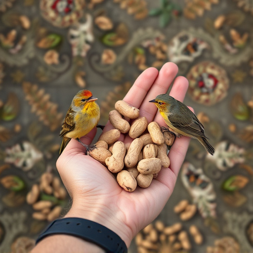 Hand holding fresh peanuts for birds