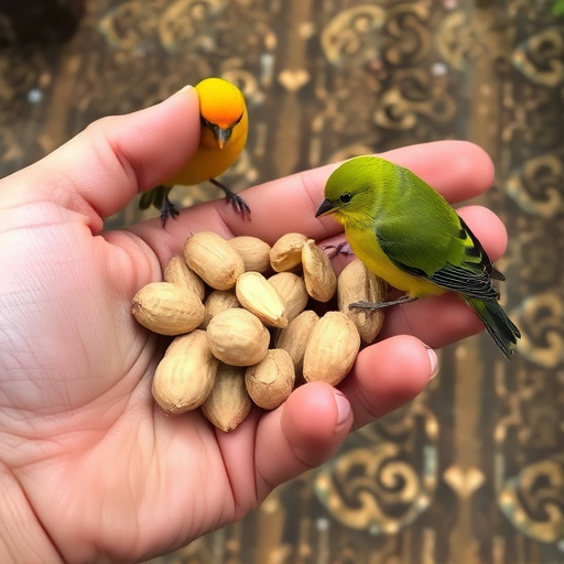Hand holding fresh peanuts for birds