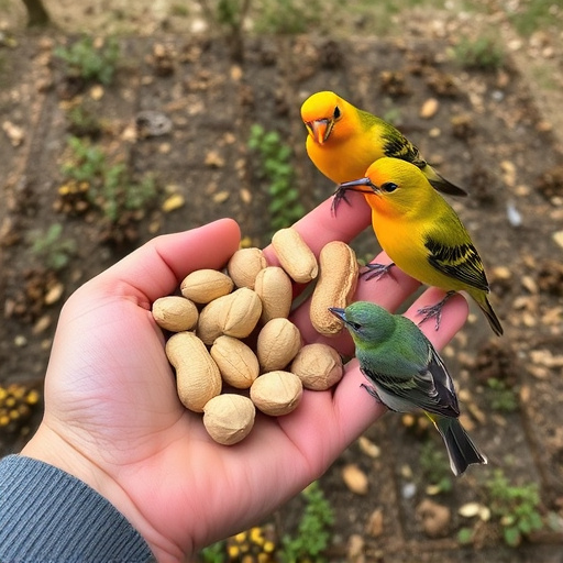 Hand holding fresh peanuts for birds