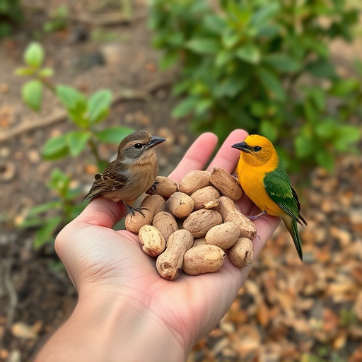 Hand holding fresh peanuts for birds