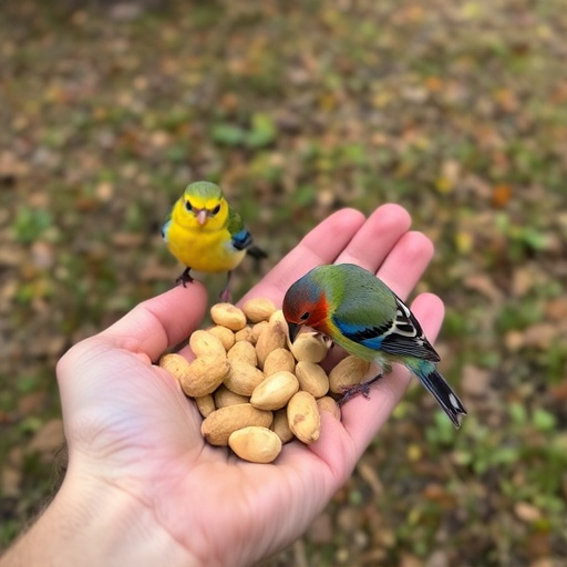 Hand holding fresh peanuts for birds