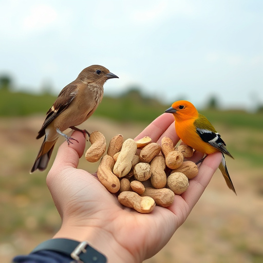 Hand holding fresh peanuts for birds