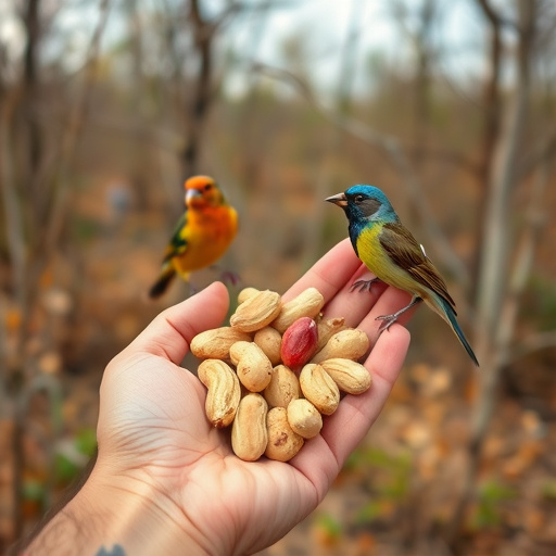 Hand holding fresh peanuts for birds