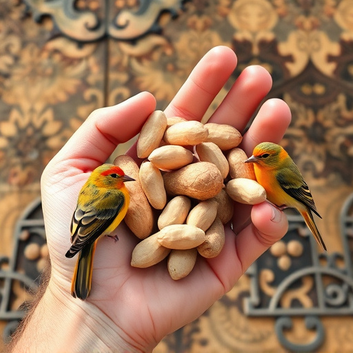 Hand holding fresh peanuts for birds