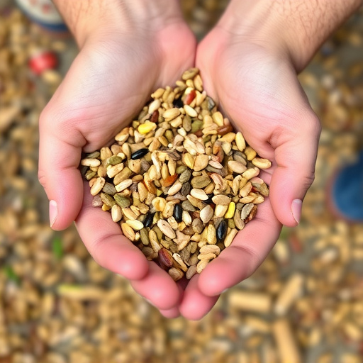 Hand holding handful of bird seed mix