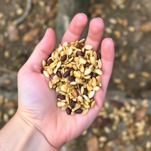 Hand holding handful of bird seed mix
