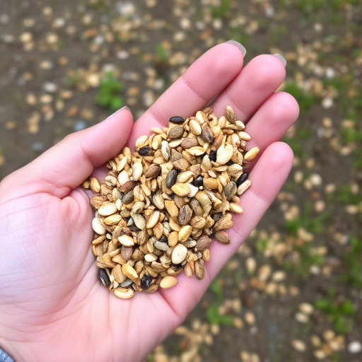 Hand holding handful of bird seed mix
