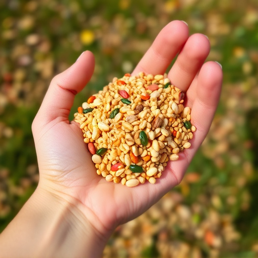 Hand holding handful of bird seed mix