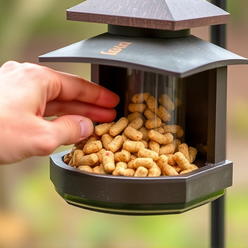 Hand placing suet pellets in feeder