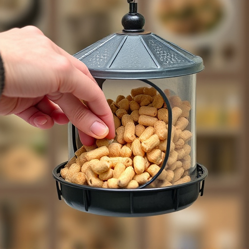 Hand placing suet pellets in feeder