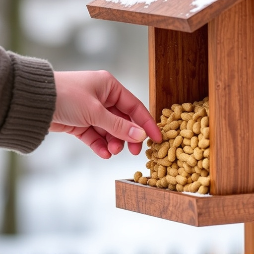 Hand placing suet pellets in feeder