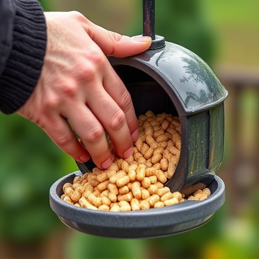 Hand placing suet pellets in feeder