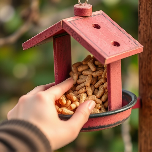 Hand placing suet pellets in feeder
