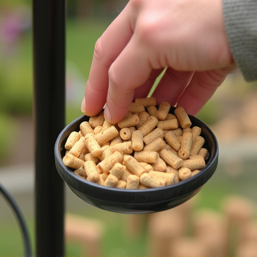 Hand placing suet pellets in feeder