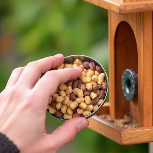 Hand placing suet pellets in feeder
