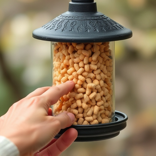 Hand placing suet pellets in feeder