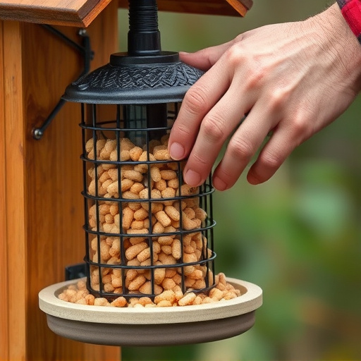 Hand placing suet pellets in feeder