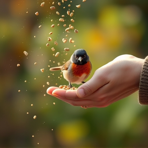 Hand sprinkling robin-friendly bird seeds