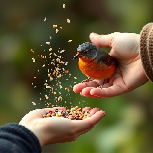 Hand sprinkling robin-friendly bird seeds