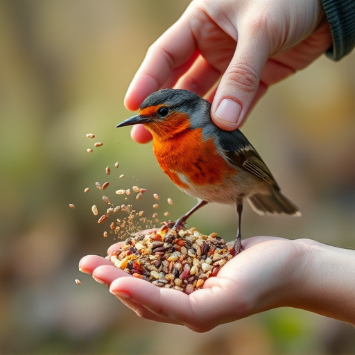 Hand sprinkling robin-friendly bird seeds