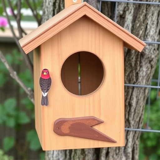 Handcrafted bird box with feeding hole