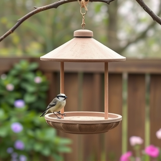 Hanging bird table in cottage garden