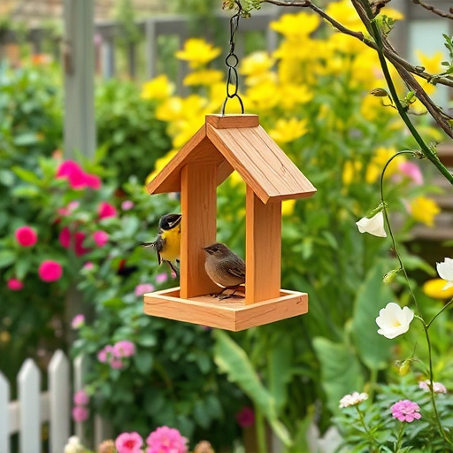 Hanging bird table in cottage garden