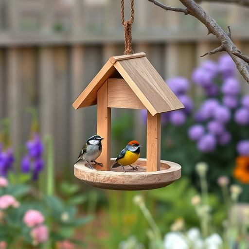 Hanging bird table in cottage garden