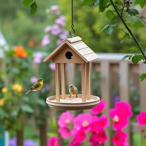 Hanging bird table in cottage garden