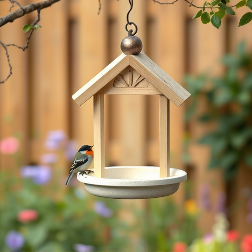 Hanging bird table in cottage garden