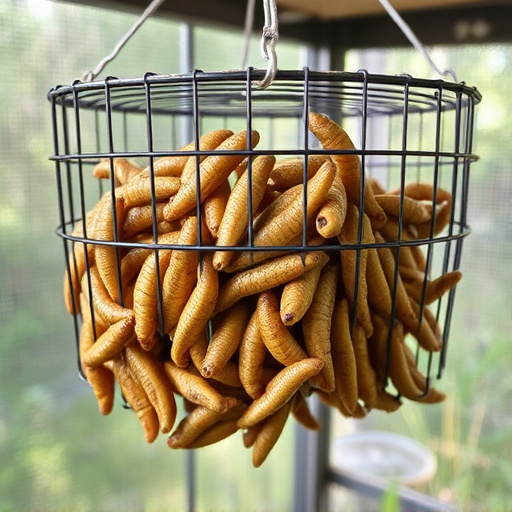 Hanging cage with live mealworms