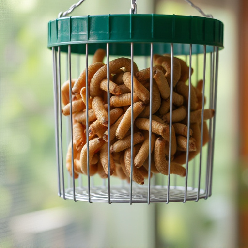 Hanging cage with live mealworms