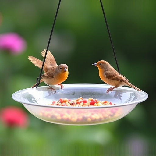Hanging dish feeder attracting garden wrens