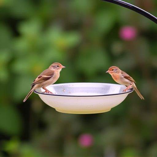 Hanging dish feeder attracting garden wrens