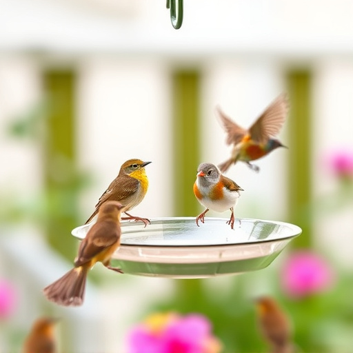 Hanging dish feeder attracting garden wrens
