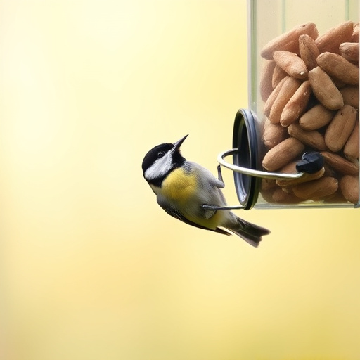Hanging peanut feeder visited by great tit