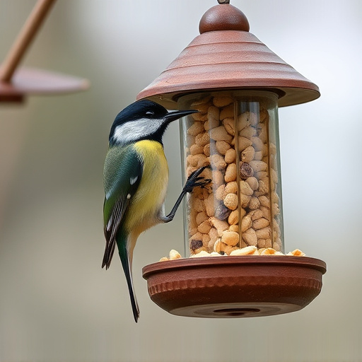 Hanging peanut feeder visited by great tit
