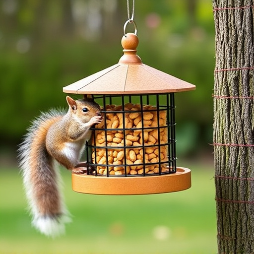 Hanging squirrel-proof peanut feeder outdoors