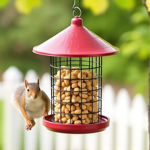 Hanging squirrel-proof peanut feeder outdoors